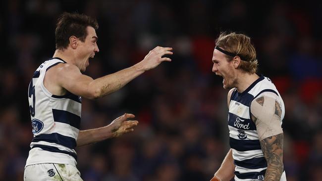 MELBOURNE – JUNE 3, 2023. AFL Round 12. Tom Stewart of the Cats celebrates a 4th quarter goal with Jeremy Cameron during the match between Western Bulldogs and Geelong at Marvel Stadium on June the 3nd, 2023, in Melbourne, Australia. Photo by Michael Klein. . Photo by Michael Klein.