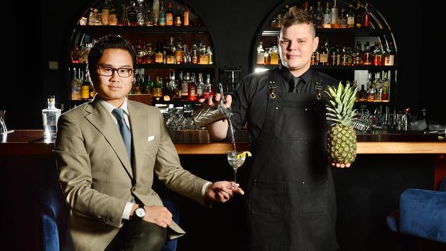 Jasper’s owner Jasper Lai and venue manager Blake Hall get creative with the drinks menu. Picture: Nicki Connolly