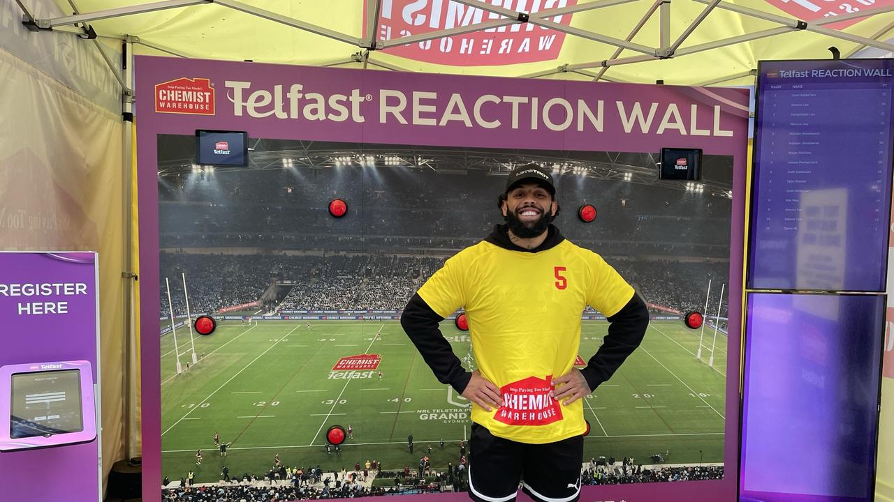 Josh Addo-Carr at the NRL Fan Fest at Sydney's Martin Place. Fans have a chance to win Grand Final tickets and a share in $5,000 by participating in the Chemist Warehouse Reaction Wall agility challenge. Photo: Supplied.