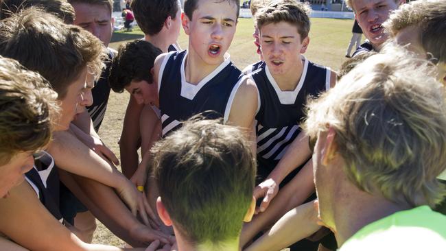 Shore’s Year 9-10 team at half-time of historic match at Shore Oval, Northbridge. Picture: Jenny Evans