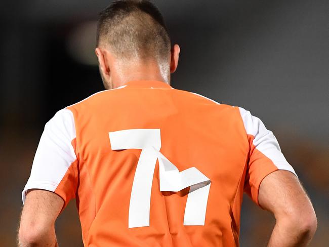The shirt numbers of Roar player Ivan Franjic are seen to dislodge during the Preliminary Stage 2 AFC Champions League match between the Brisbane Roar and Ceres Negros FC at the Queensland Sports and Athletics Centre in Brisbane, Tuesday, January 23, 2018.  (AAP Image/Dave Hunt) NO ARCHIVING, EDITORIAL USE ONLY