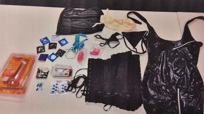 Sex toys, condoms, Viagra and lingerie allegedly recovered, by police, from luggage packed by Dansie after Helen’s death. Picture: Supreme Court.