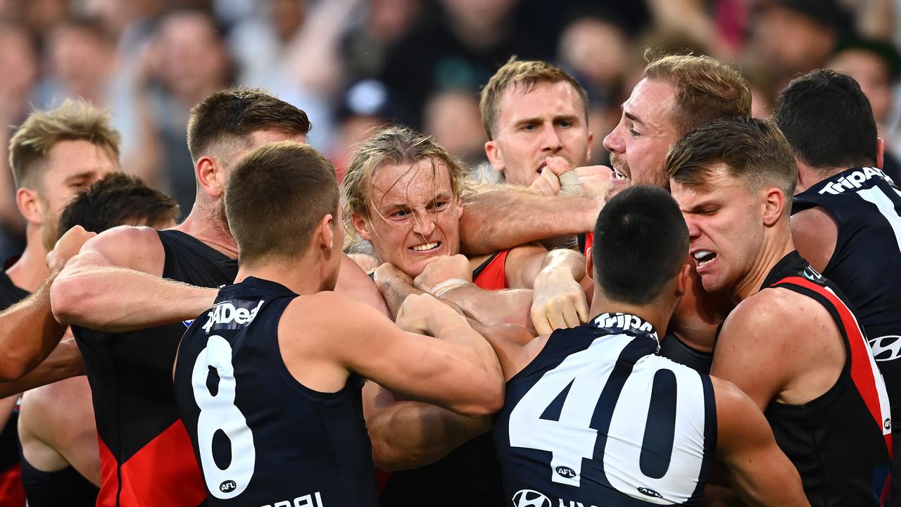 Mason Redman was at the thick of it for the Bombers. Picture: Quinn Rooney/Getty Images