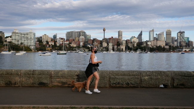 A woman exercises at Rushcutters Bay in Sydney's east on Monday. Picture: Getty Images