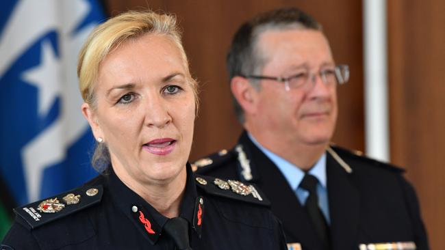 New Queensland Police Commissioner Katarina Carroll  is seen with outgoing Police Commissioner Ian Stewart. Picture: AAP Image/Darren England