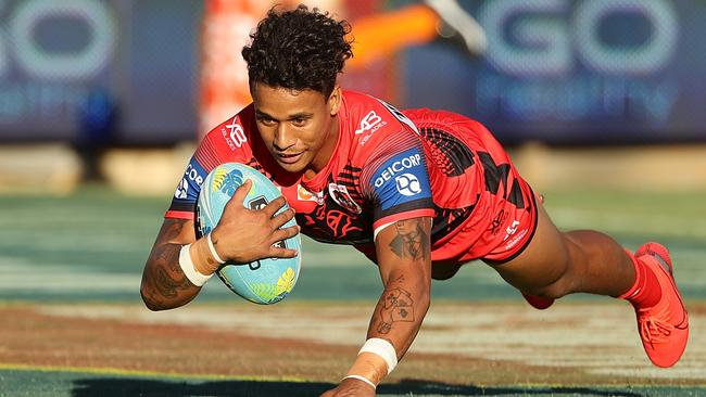 Tristan Sailor crosses for a try during an NRL Nines match in Perth in 2020. Picture: Paul Kane/Getty Images