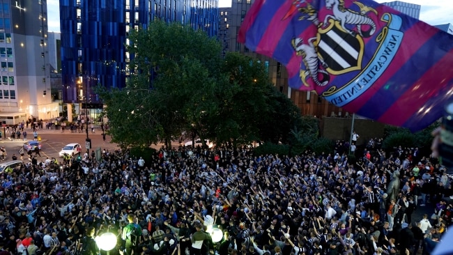 Newcastle United fans outside St James' Park following the announcement that The Saudi-led takeover of Newcastle has been approved. Picture: Owen Humphreys/PA Images via Getty Images