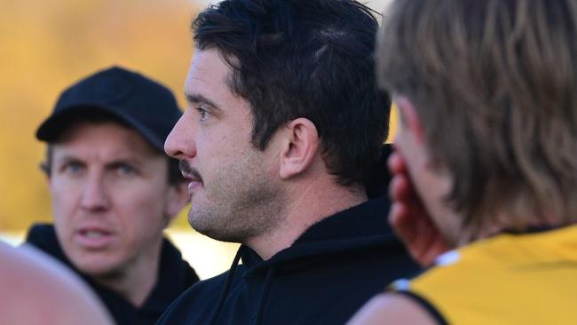 Matt Jaensch coaching during this year's interleague game against River Murray FL. Picture: Mark Liebich