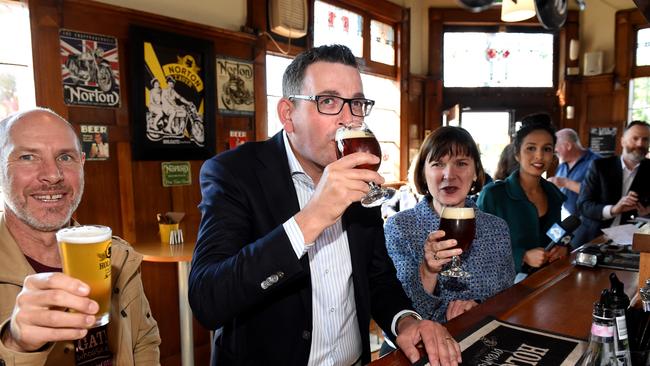 Premier Daniel Andrews announces $1.5 million funding for Holgate Brewing House in Woodend with brewery owner Paul Holgate and local MP Mary-Anne Thomas. Pictures: Kylie Else