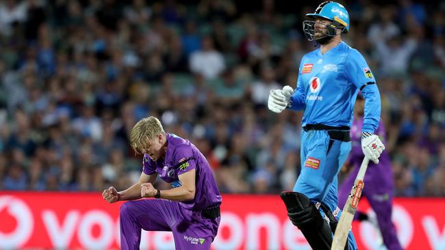 Nathan Ellis celebrates the wicket of Michael Neser during Hobart’s Big Bash League match against the Adelaide Strikers on Australia Day. Picture: JAMES ELSBY/GETTY IMAGES