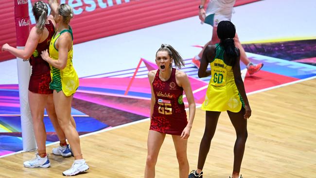 LONDON, ENGLAND – JANUARY 18: Helen Housby of Vitality Roses celebrates after scoring in final play to draw the game during the 2022 Netball Quad Series match between Vitality Roses and Australia at Copper Box Arena on January 18, 2022 in London, England. (Photo by Alex Davidson/Getty Images)