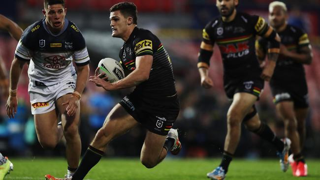 Penrith’s Nathan Cleary attacks the Cowboys line at Panthers Stadium on Sunday. Picture: Brett Costello