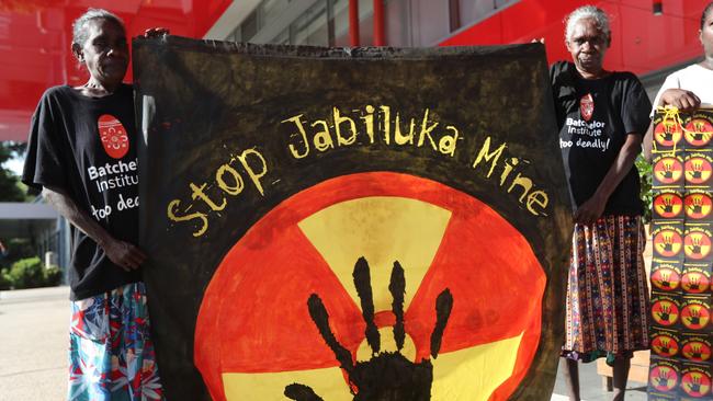 Mirarr Traditional Owners held a protest outside the Energy Resources of Australia Annual General Meeting of shareholders at the Oaks Darwin Elan Hotel, Wood St following the mine owner's decision apply for a mine lease extension for Jabiluka. Picture: Zizi Averill