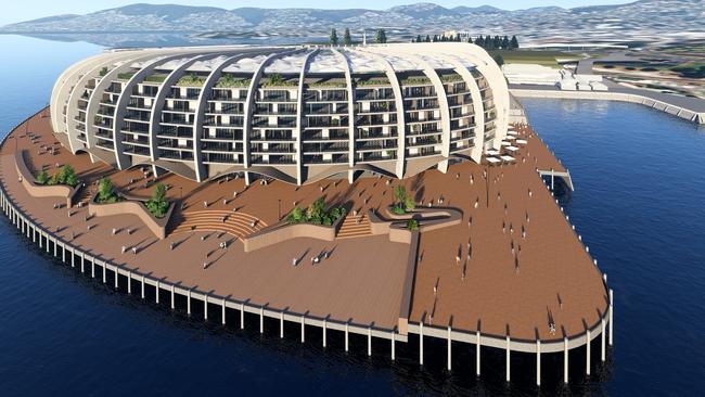 Concept drawings of a Macquarie Point Stadium which includes an outer shell of apartments, proposed by the Stadia Precinct Consortia. Picture: SolutionsWon