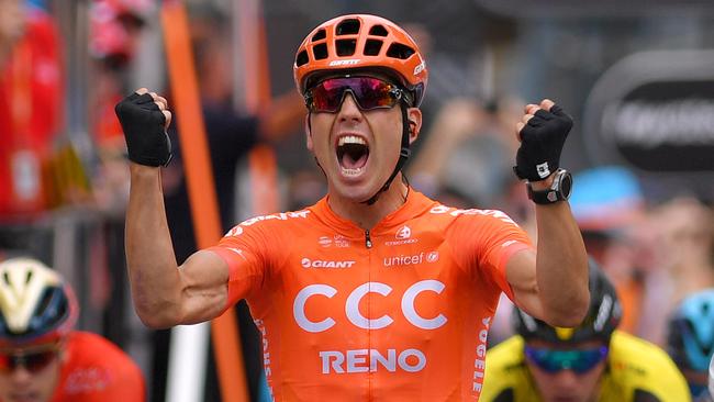 NORWOOD, AUSTRALIA - JANUARY 16: Arrival / Patrick Bevin of New Zealand and CCC Team / Celebration / during the 21st Santos Tour Down Under 2019, Stage 2 a 122,1km stage from Norwood to Angaston / TDU / on January 16, 2019 in Norwood, Australia. (Photo by Tim de Waele/Getty Images)