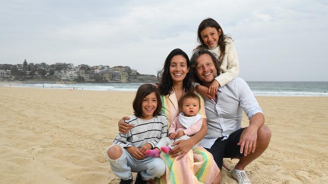 Janek Gazecki (pictured with partner Natalie Decorte and their children) says he is aiming to help Bondi’s local economy recover from the COVID-19 pandemic with his bold plan. Picture: NCA NewsWire/Joel Carrett