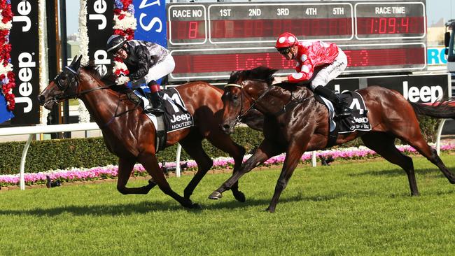 Houtzen wins the 2017 Magic Millions 2YO Classic from Chauffeur. The filly is nominated for the Magic Millions 3YO Guineas in January. Picture: Tim Marsden