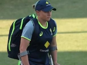 Australian captain Alyssa Healy on crutches