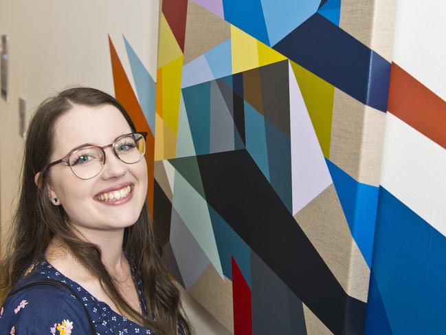 Graduart 2019 exhibiting student Karri McPherson with her work at the opening at Toowoomba Regional Art Gallery, Friday, November 8, 2019. Picture: Kevin Farmer