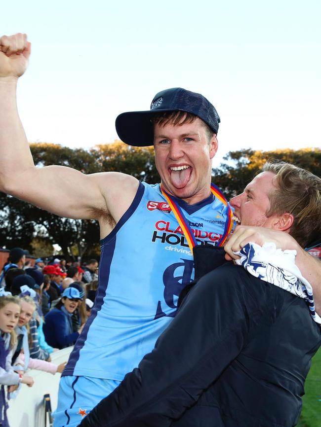 Sam and Tom Jonas after Sturt’s SANFL premiership in 2016. Picture: Supplied. 