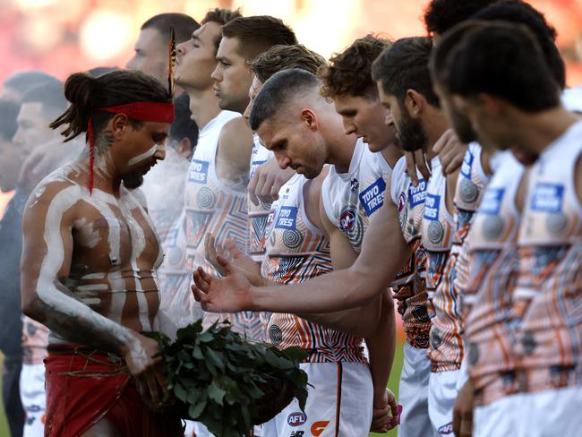 Giants Jesse Hogan during a smoking ceremony for the Sir Doug Nicholls Round match between the GWS Giants and Walyalup - ( Fremantle Dockers ) at Engie Stadium on May 17, 2025 Photo by Phil Hillyard (Image Supplied for Editorial Use only - NO ON SALES - copyright Phil Hillyard )