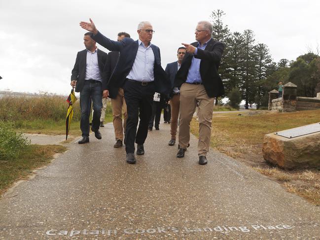 Prime Minister Malcolm Turnbull and Treasurer Scott Morrison at Kurnell to announce the historical site’s upgrades. Picture: Daniel Munoz