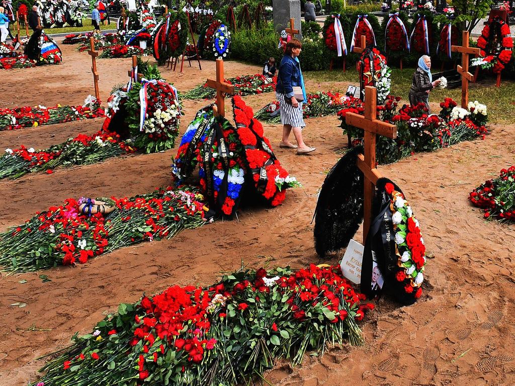 The graves of the 14 men who died in the submarine disaster. Picture: Olga Maltseva/AFP