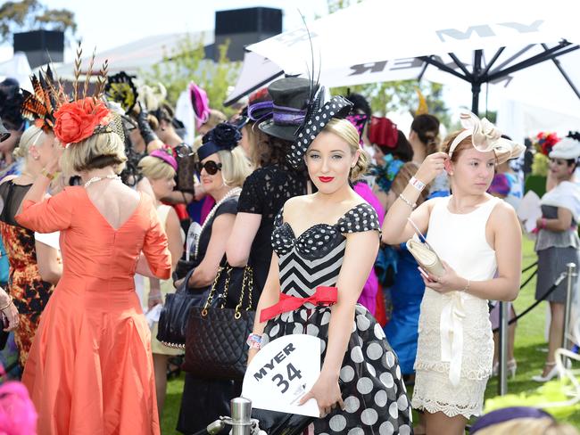 Dimity Adam all dressed up at Flemington Racecourse on Melbourne Cup Day 2014. Picture: Stephen Harman