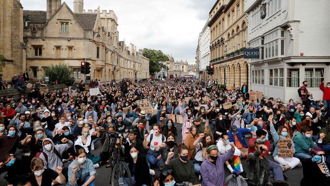 The anti-Rhodes protest outside Oriel Cllege. Picture: AFP