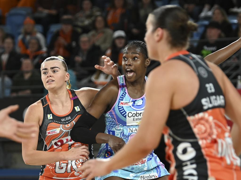 Mavericks gun Shimona Jok under heavy pressure from the Giants defence. Picture: Jaimi Joy/Getty Images