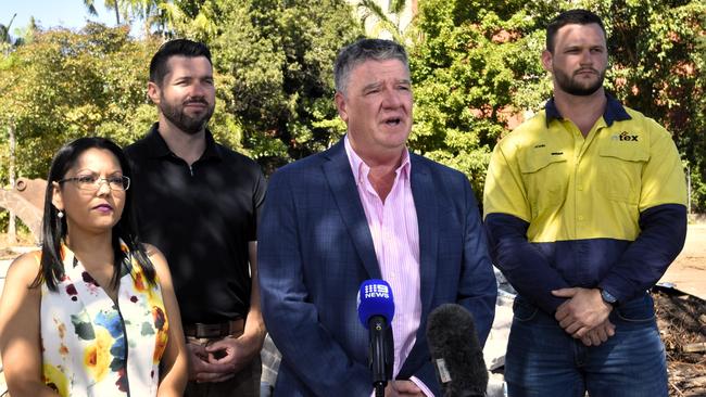 Parap Primary School principal Bianca Hyke, Fannie Bay MLA Brent Potter, Education Minister Mark Monaghan, and NTEX's John Breen at the site of the demolished Parap Pre-School, where the new $10m building will also be built. Picture: Sierra Haigh