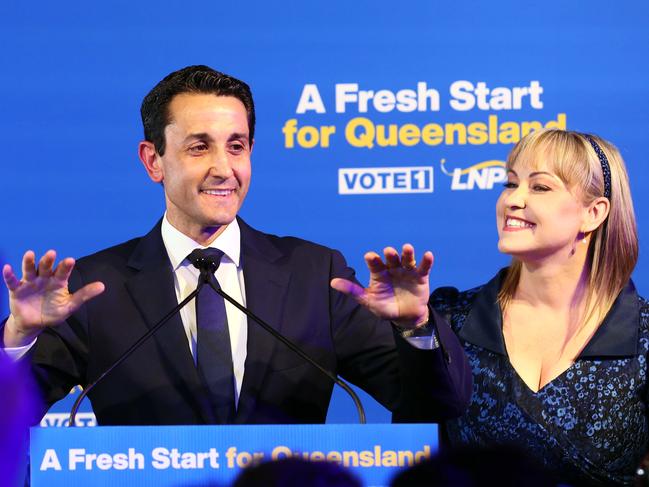 BRISBANE, AUSTRALIA - NewsWire Photos OCTOBER 26, 2024 QLDVOTES24: LNP leader David Crisafulli and his wife Tegan during the party function in Brisbane. Picture: NewsWire/Tertius Pickard