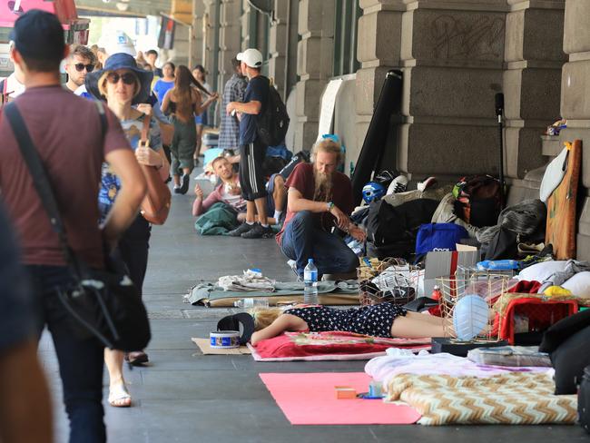 The homeless camp along Flinders St Station before the clean up. Picture: Alex Coppel