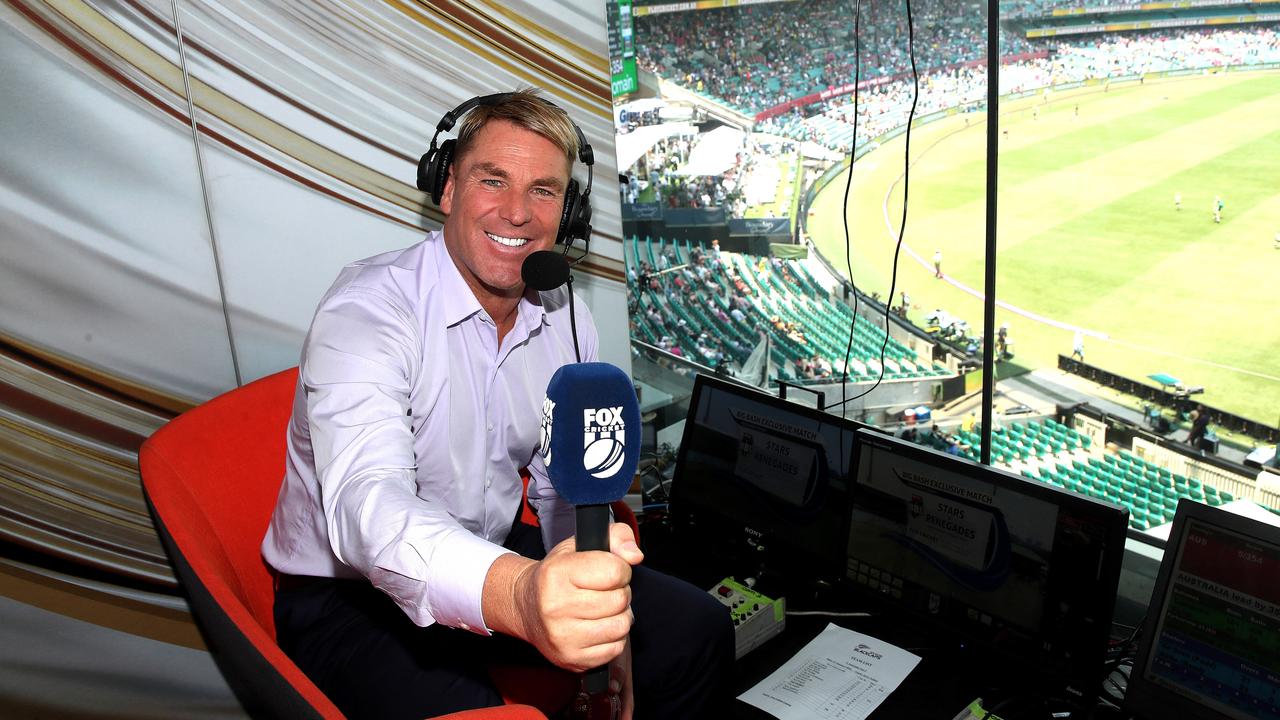 Shane Warne in the Fox Cricket commentary box. Picture. Phil Hillyard.