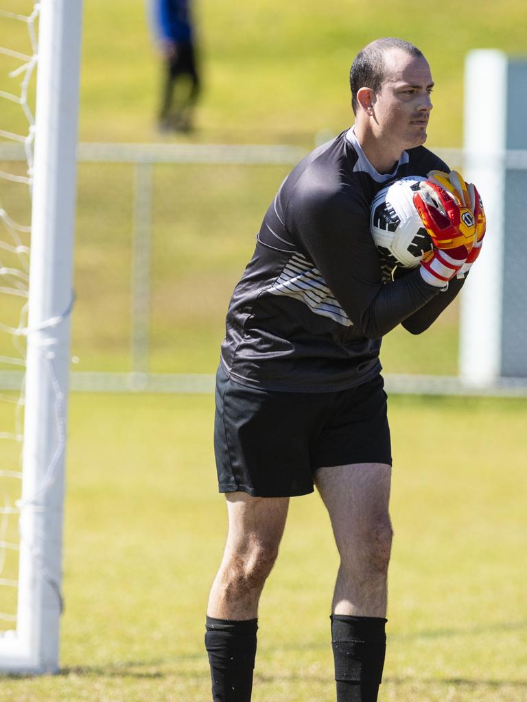 Dalby Tigers goal keeper Brendan Gallagher in the match against Willowburn in Div 2 Men FQ Darling Downs Presidents Cup football at West Wanderers, Sunday, July 24, 2022. Picture: Kevin Farmer