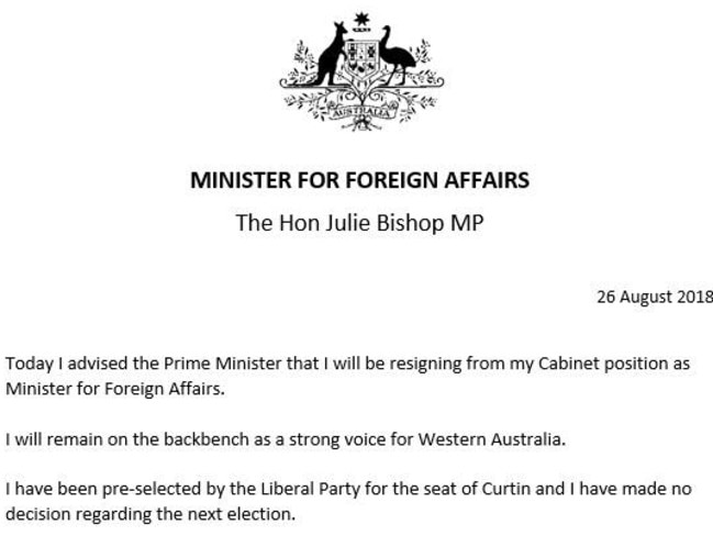 Julie Bishop resigns as Foreign Minister of Australia in a statement.