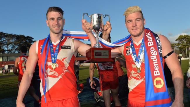 Flashback to 2017: Sorrento co-captains James Hallahan and Luke Tapscott. Picture: AAP/ Chris Eastman