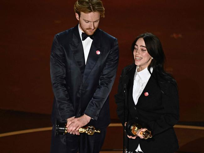 A visibly emotional Billie Eilish joked she “had a nightmare” about winning. Picture: AFP