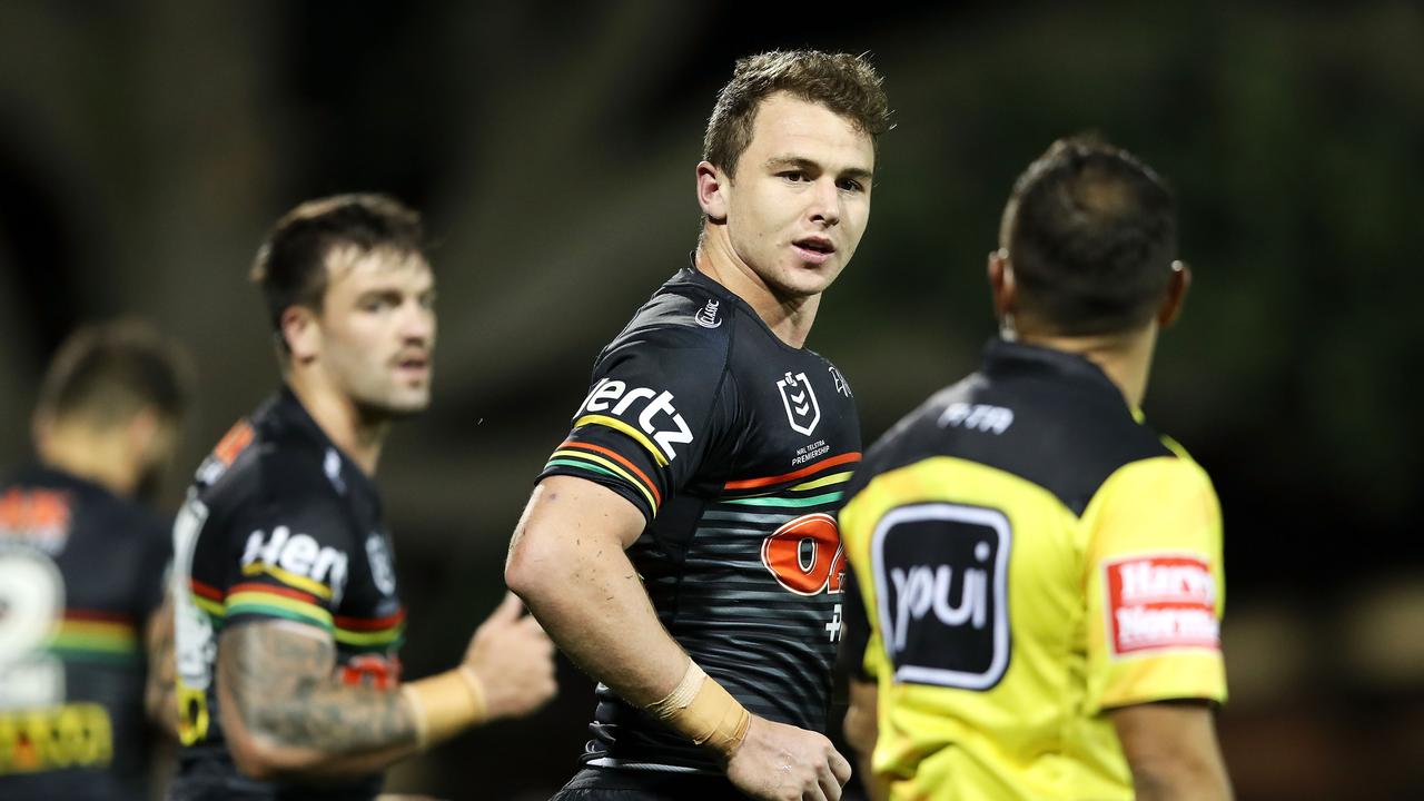 BATHURST, AUSTRALIA - MARCH 30: Dylan Edwards of the Panthers looks dejected as he speaks to referee Ashley Klein after a Storm try during the round three NRL match between the Penrith Panthers and the Melbourne Storm at Carrington Park on March 30, 2019 in Bathurst, Australia. (Photo by Mark Kolbe/Getty Images)