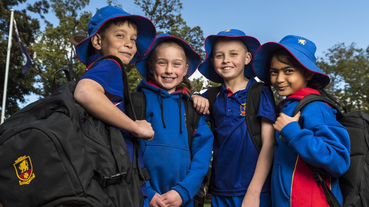 Downlands College students (from left) Cohen Moore, Sophie Reynolds, Jaxson Parker and Sasithmi Kevitiyagala as the college announces it will take prep students from 2023. Picture: Kevin Farmer