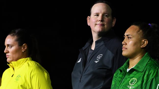 Australia’s Deborah Lovely Acason, Laurel Hubbard of New Zealand and Luisa Peters of the Cook Islands before the start of competition for the Women's +90kg Weightlifting Final at the 2018 Commonwealth Games on the Gold Coast. Picture: AAP Image/Dean Lewins