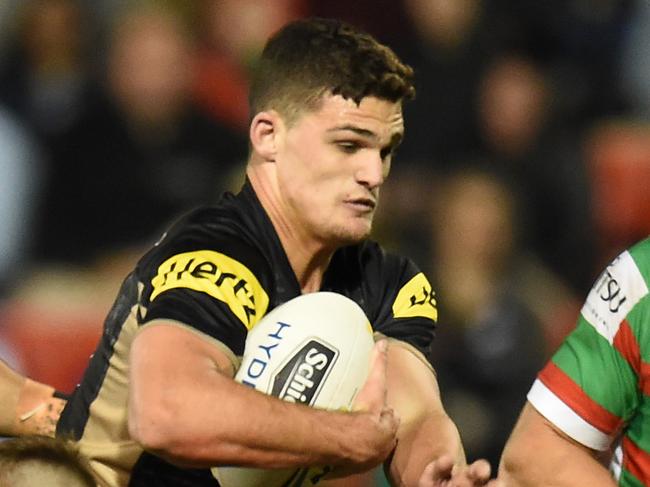 Nathan Cleary of the Panthers is lined up to be tackled by Cameron McInnes of the Rabbitohs during their round 16 NRL match between the Penrith Panthers and the South Sydney Rabbitohs at Pepper Stadium in Sydney, Friday, June 24, 2016. (AAP Image/Dean Lewins) NO ARCHIVING, EDITORIAL USE ONLY