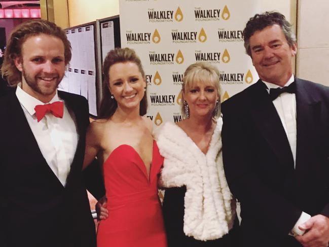 Debi at Walkley's Marshall at the Walkley Awards in 2015, where she won a Walkley for Excellence in Journalism for leadership, with her daughter’s husband Dave Houbaer, left, daughter Louise Houbaer and her husband William Neale. SUPPLIED