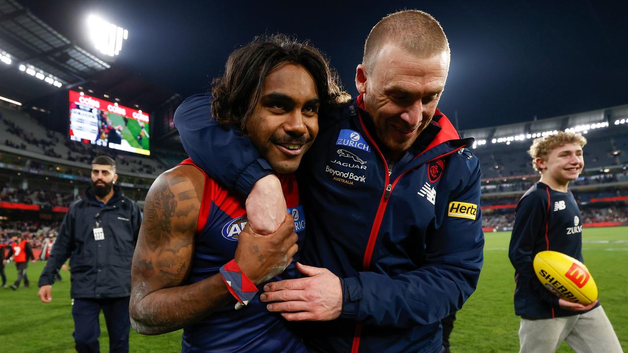 Demons coach Simon Goodwin embraces Kysaiah Pickett after a win. Picture: Michael Willson