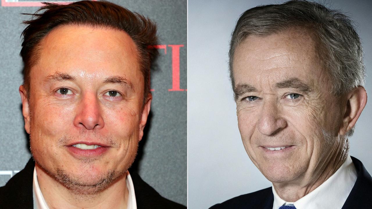 Elon Musk has been toppled from the rich list by Frenchman Bernard Arnault, CEO of the luxury goods group LVMH. Pictures: Theo Wargo; Joel Saget/AFP