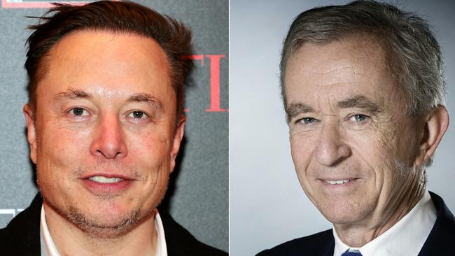 Elon Musk has been toppled from the rich list by Frenchman Bernard Arnault, CEO of the luxury goods group LVMH. Pictures: Theo Wargo; Joel Saget/AFP