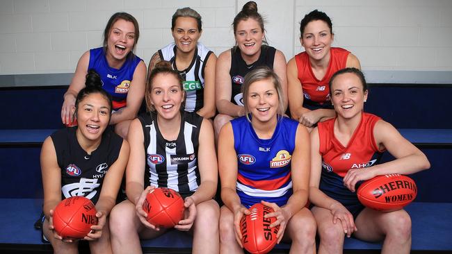 AFLW marquee players (back row from left) Ellie Blackburn, Moana Hope, Brianna Davey and Mel Hickey. (front row from left) Darcy Vescio, Emma King, Katie Brennan and Daisy Pearce. Picture: Wayne Ludbey