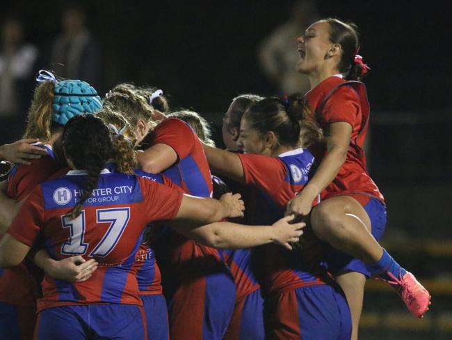 The Knights celebrate their Tarsha Gale victory. Picture: Warren Gannon Photography