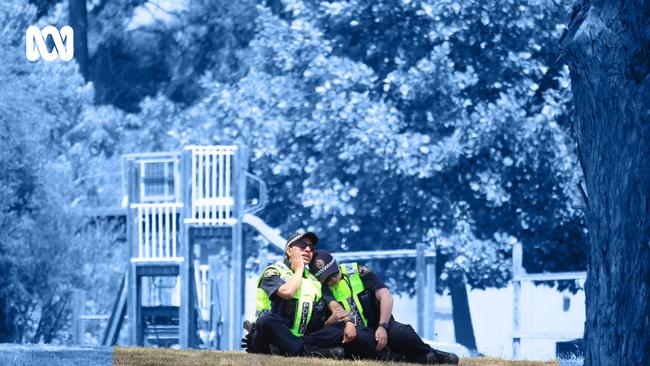 Devastated police officers at the scene of the 2021 jumping castle tragedy at Hillcrest Primary School, Devonport. Picture: Monte Bovill, ABC News