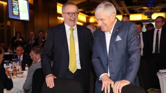 Anthony Albanese, left, with Kerry Stokes in Perth on Tuesday. Picture: Sam Ruttyn